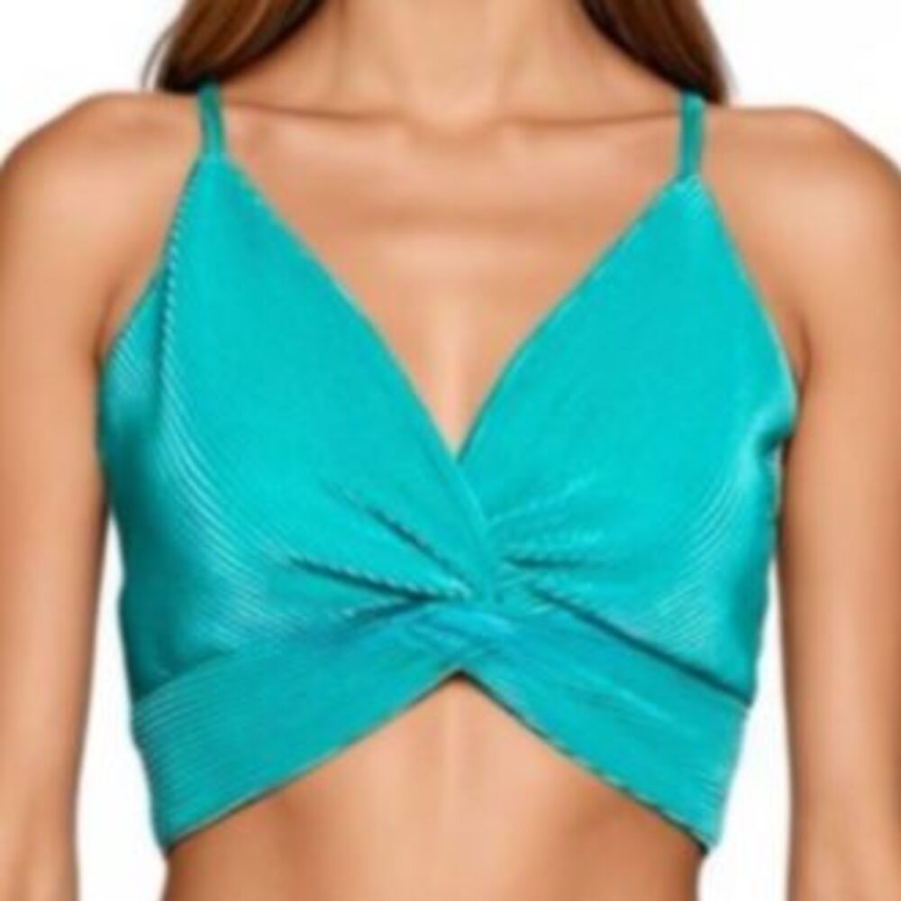 RO & DE Turquoise Plisse Pleated Twist Wrap Front Crop Top NWT Size M